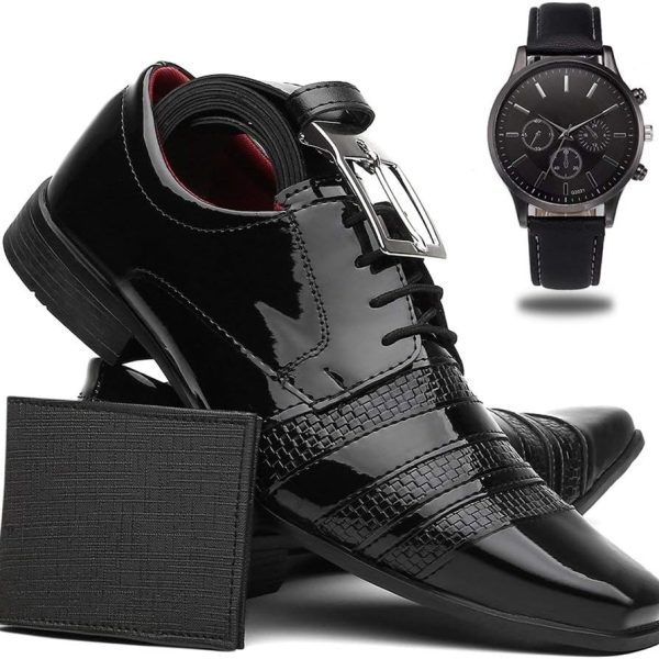 sapato masculino verniz social + cinto + carteira + relógio