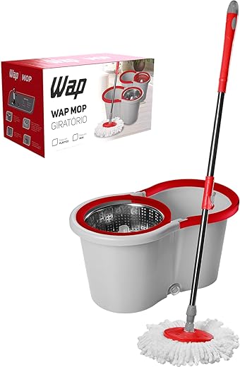 wap mop giratí rio inox esfregão multiuso para limpeza balde centrí­fuga 14 litros 360° cabo ajustável alça rodas e refil