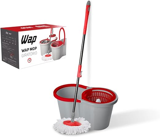 wap mop giratÓrio esfregão multiuso para limpeza balde centrífuga 14 litros 360° cabo ajustável alça rodas e refil, vermelho com cinza